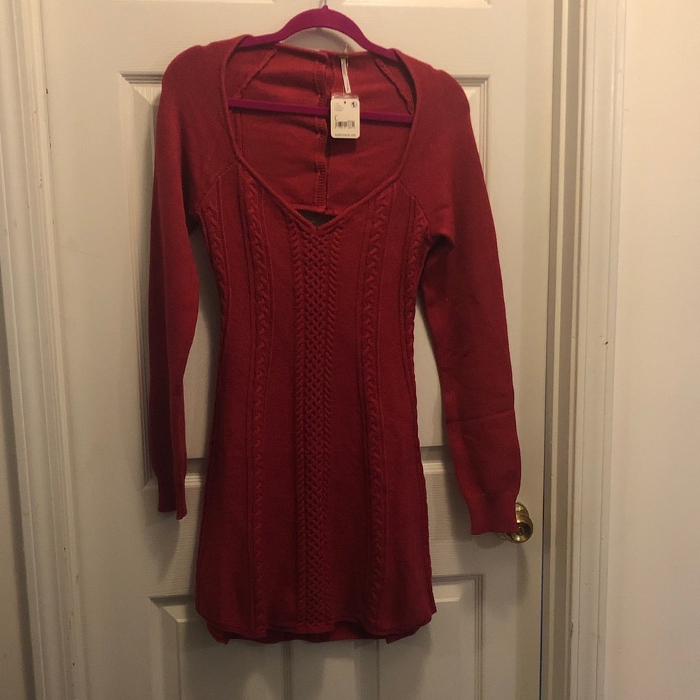 Free People Red Cable V-Neck Sweater Dress